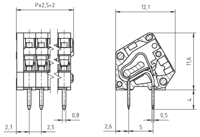 Technisches Schaltplan eines elektrischen Bauteils mit detaillierten Abmessungen, das die Vorder- und Seitenansichten zeigt.