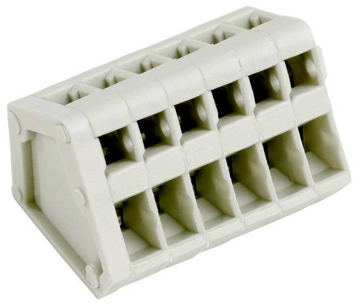 Ein weißer Kunststoff-Klemmenleisten-Stecker mit acht Schlitzen, verwendet zum Befestigen von Drähten in elektrischen Anwendungen.