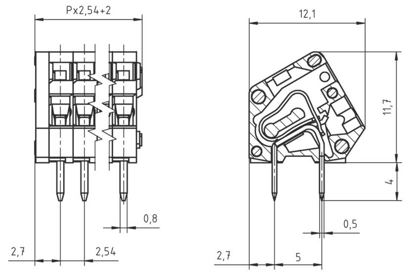 Technische Zeichnung eines elektrischen Steckers mit Abmessungen: 2,7mm Breite, 12,1mm Höhe und 2,54mm Abstand zwischen den Stiften. Seiten- und Draufsicht dargestellt.