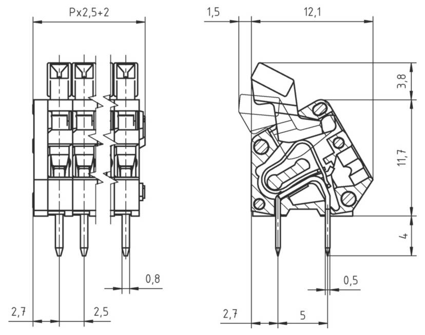 Technische Zeichnung einer elektronischen Komponente mit Abmessungen in Millimetern, zeigt Vorder- und Seitenansichten, mit Messwerten gekennzeichnet.
