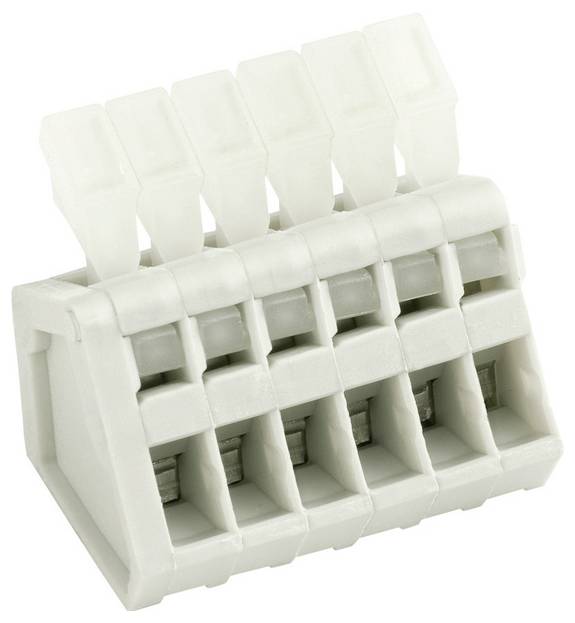 Ein weißer Kunststoff-Steckklemmenblock mit fünf Anschlüssen und transparenten Hebeln, verwendet für elektrische Verbindungen.