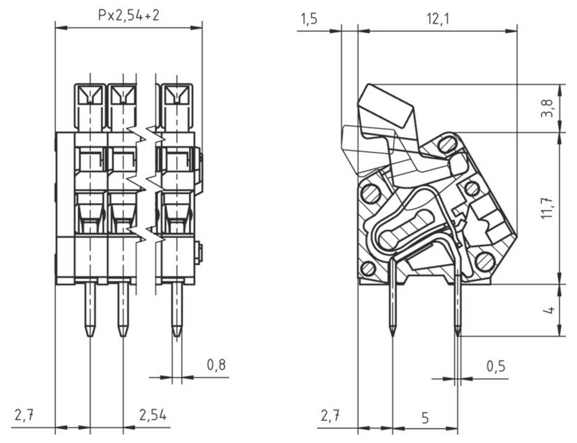 Technische Zeichnung eines elektronischen Bauteils mit Abmessungen. Die linke Ansicht zeigt zwei Anschlüsse; die rechte Ansicht zeigt detaillierte Messwerte und Design.