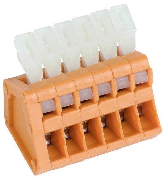 Ein schwarzer Elektrostecker mit acht kreisförmigen Öffnungen, die in zwei Reihen angeordnet sind, zum Befestigen von Drähten, aus einer Schrägansicht betrachtet.