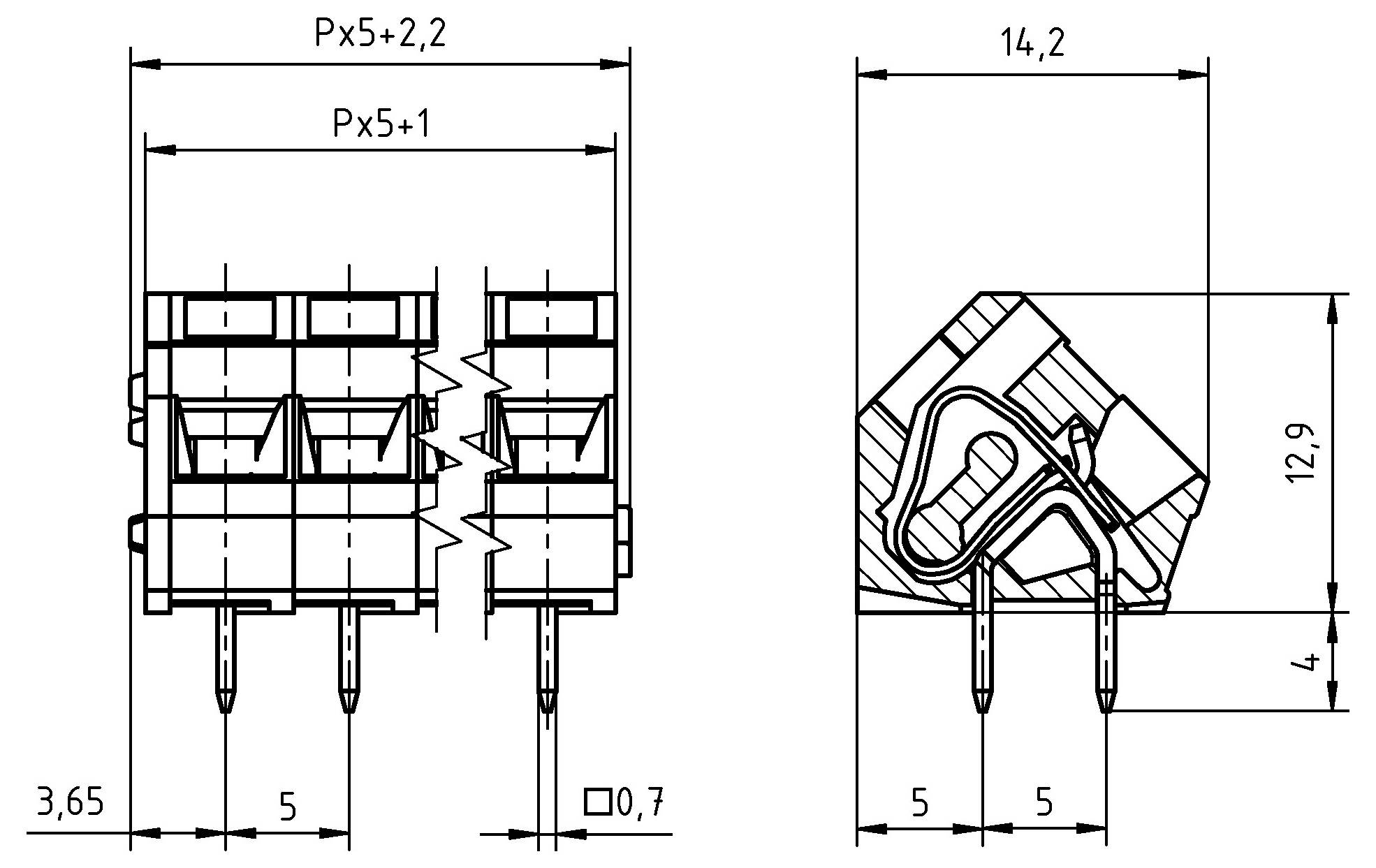 Technische Zeichnung eines PCB-Steckers mit Abmessungen. Umfasst Vorder- und Seitenansichten und zeigt Dimensionen wie 12,9 mm Höhe und 14,2 mm Breite.