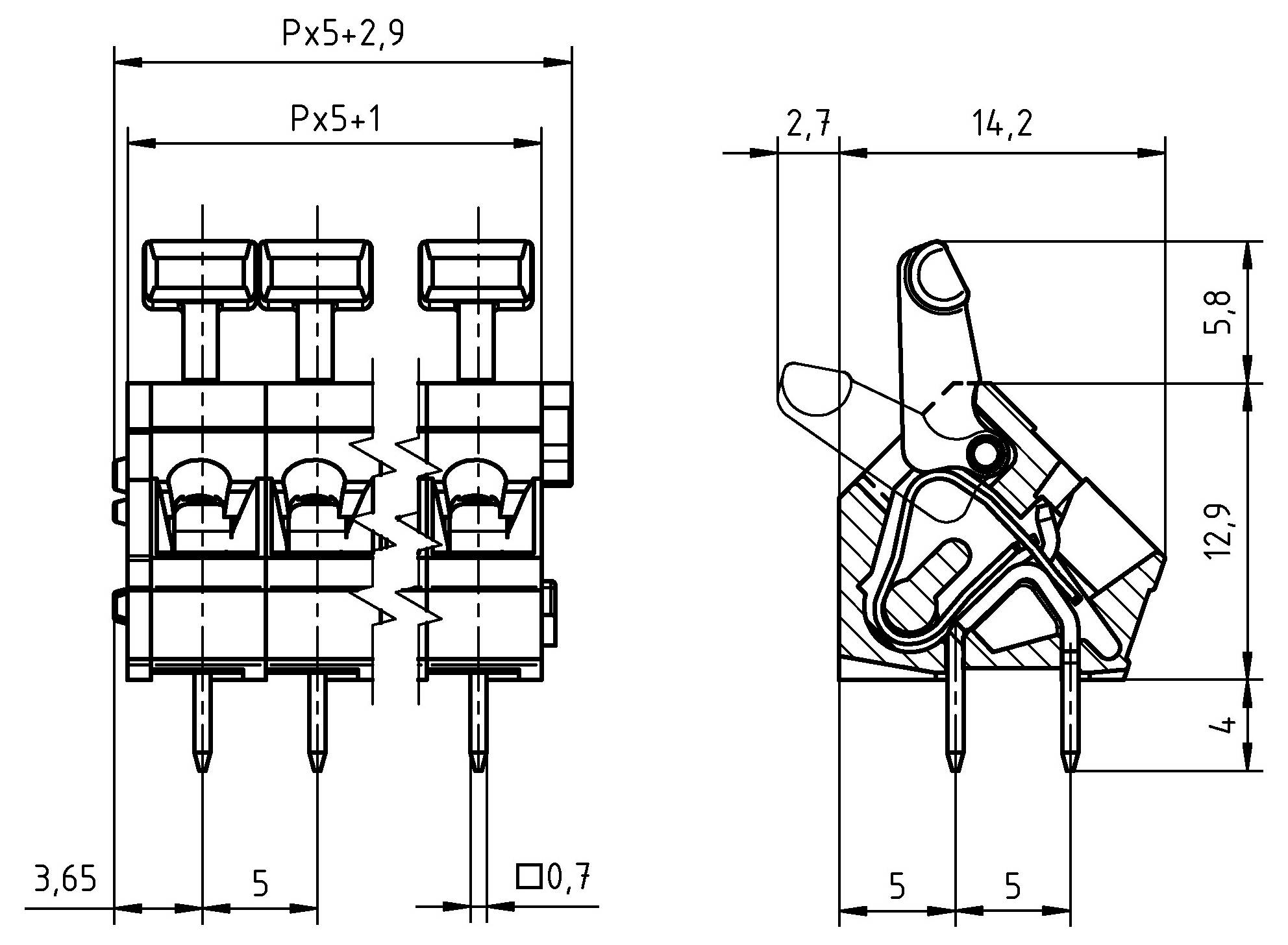 Technische Zeichnung eines Doppelsteckers mit Abmessungen, Stiftpositionen und Ausrichtungsdetails für präzise Konstruktionsspezifikationen.