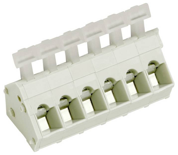 Ein weißer Elektro-Klemmblock mit mehreren Schraubverbindungen zum Anschließen von Leitungen. Er ist abgewinkelt und wird offenbar für Stromkreise verwendet.