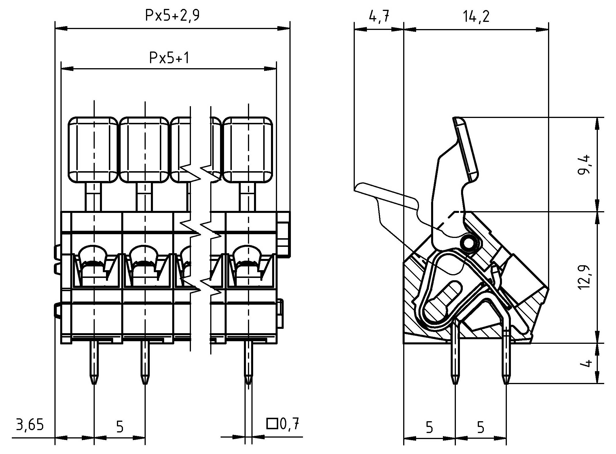 Technische Zeichnung eines Elektroklemmenblocks mit Abmessungen. Vorder- und Seitenansichten zeigen Stecker, Schlitze und Stiftpositionen.