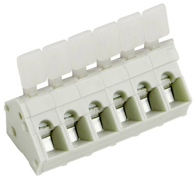 Ein weißes Klemmenblock mit sechs Anschlussplätzen, ausgestattet mit Druckhebelverlängerungen für Drahtverbindungen, häufig in elektrischen Installationen verwendet.