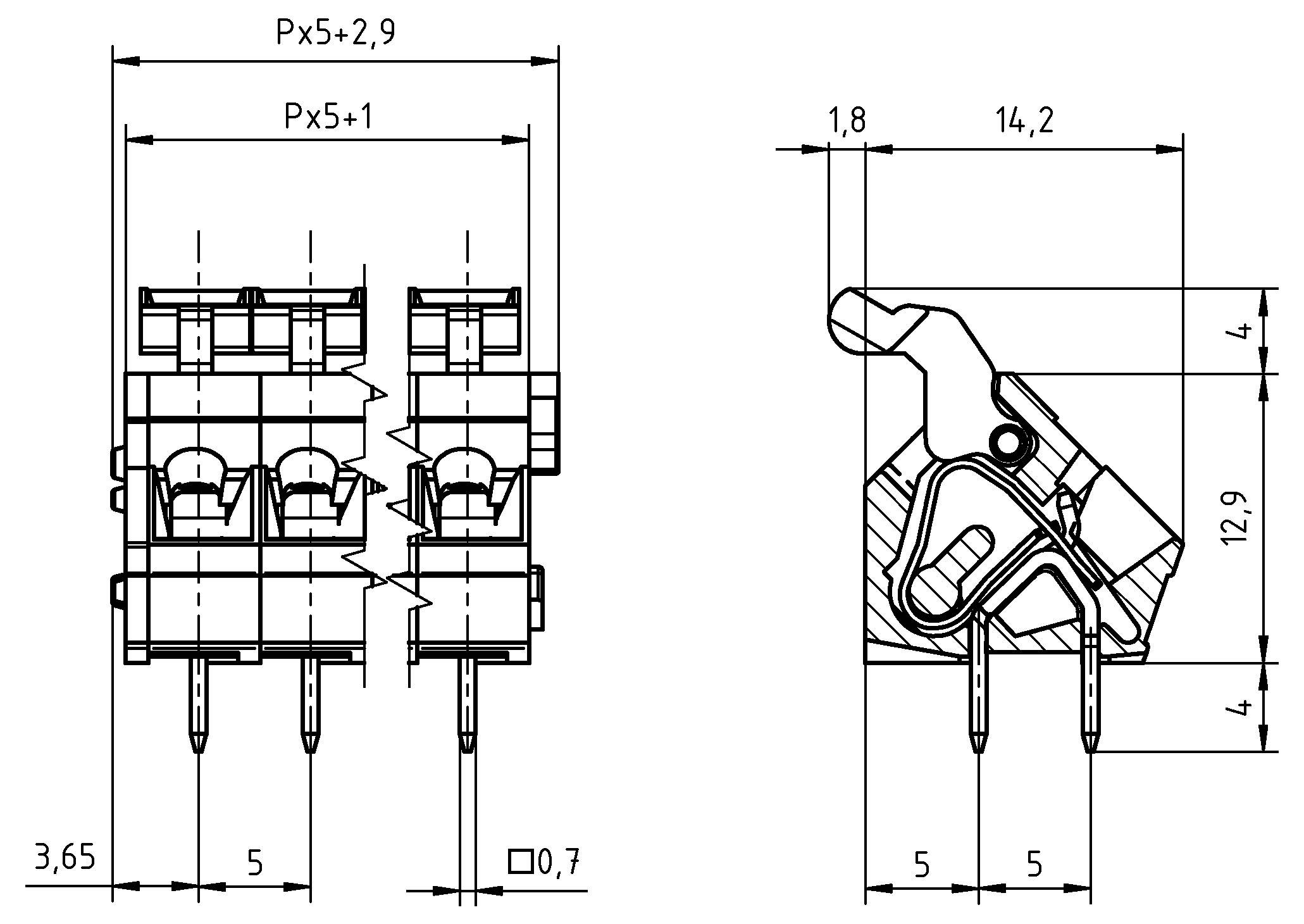 Technische Zeichnung eines elektrischen Steckers: Die Abmessungen umfassen Breite, Höhe und Stiftabstand. Details zeigen Seiten- und Draufsicht.