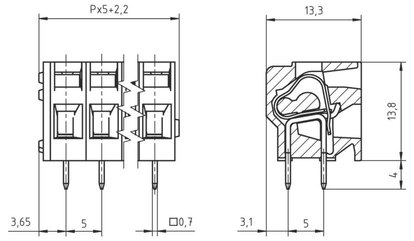 Technische Zeichnung eines dreipoligen Steckers mit Abmessungen und Querschnitt. Die Messungen umfassen eine Breite von 13,3 mm und eine Höhe von 13,8 mm.