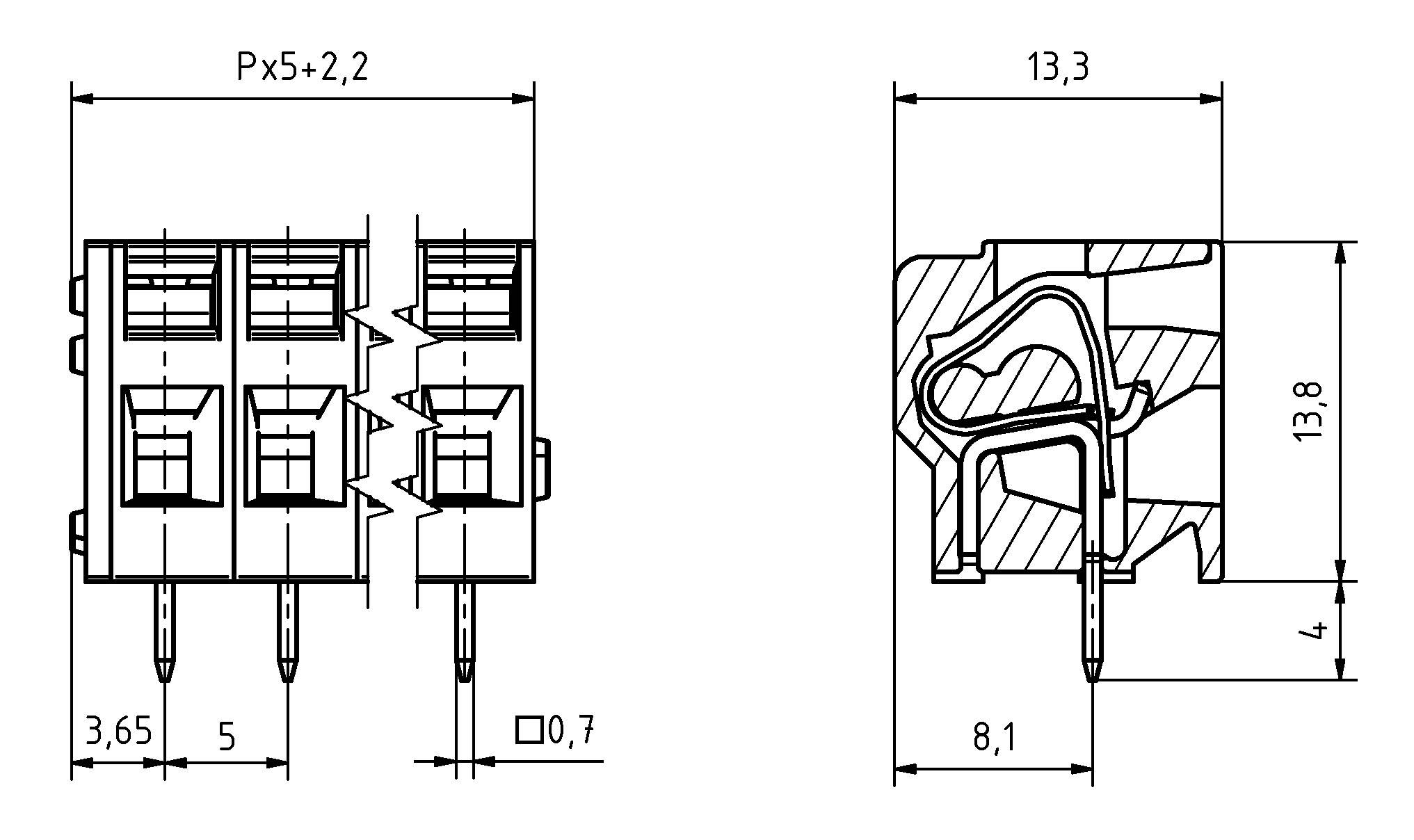 Eine technische Zeichnung eines Steckers mit spezifischen Abmessungen: 13,3 mm Breite, 13,8 mm Höhe und 5 mm Abstand für präzise Fertigung.