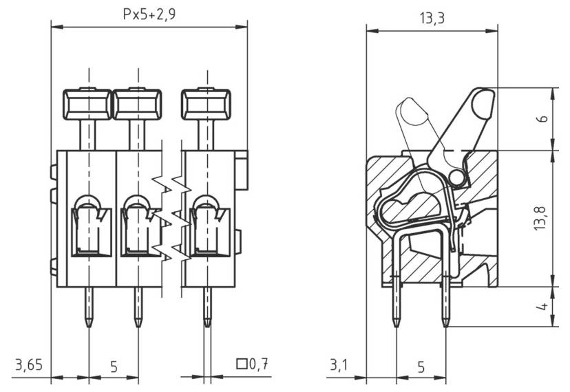 Technische Zeichnung einer 3-poligen elektronischen Komponente mit beschrifteten Abmessungen für Höhe, Breite und Tiefe, die die innere Struktur zeigt.