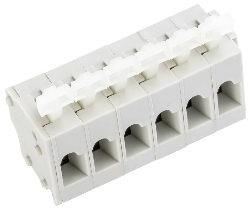 Ein weißer sechsfach-Hebelstecker für die elektrische Verdrahtung, mit einzelnen weißen Hebeln an jeder Position für die Drahtverbindung.