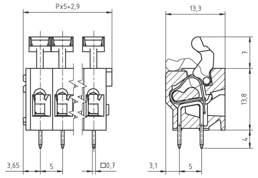 Technische Zeichnung eines Steckverbinderblockes, zeigt Vorder- und Seitenansicht mit Abmessungen: Höhe 3,65, Breite 3,1, Tiefe 7.