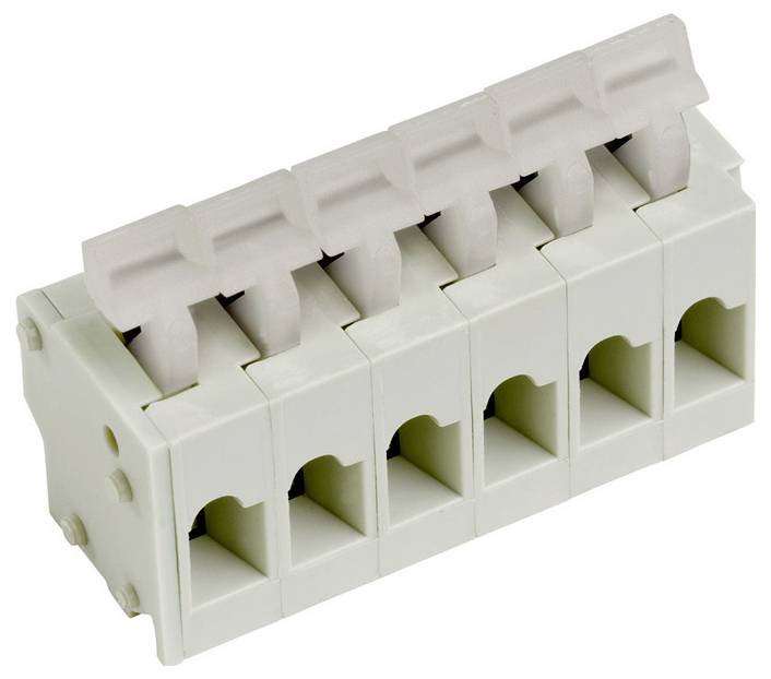 Ein weißes, sechsschlitziges Elektroklemmenblock mit schraubenlosen Steckverbindern, die in einer Reihe angeordnet sind, für Verdrahtungsverbindungen und Schaltungsverwaltung.