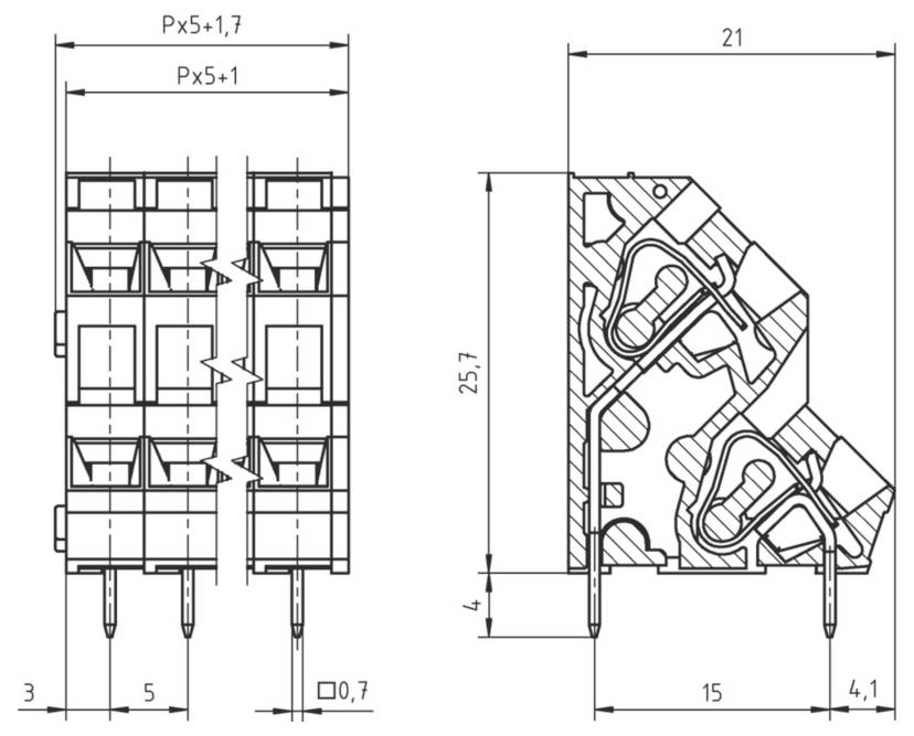 Technische Zeichnung eines elektrischen Steckers, die Vorder- und Seitenansichten mit detaillierten Abmessungen in Millimetern zeigt.
