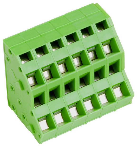 Ein grüner SMD-Klemmenblock mit mehreren Anschlusspunkten, der zum Befestigen von elektrischen Leitungen in elektronischen Schaltkreisen verwendet wird.