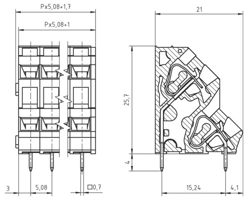 Technische Schemazeichnung einer elektrischen Komponente mit Abmessungen: Breite 21 mm, Höhe 25,7 mm und Tiefe 15,24 mm; Stiftabstand detailliert.