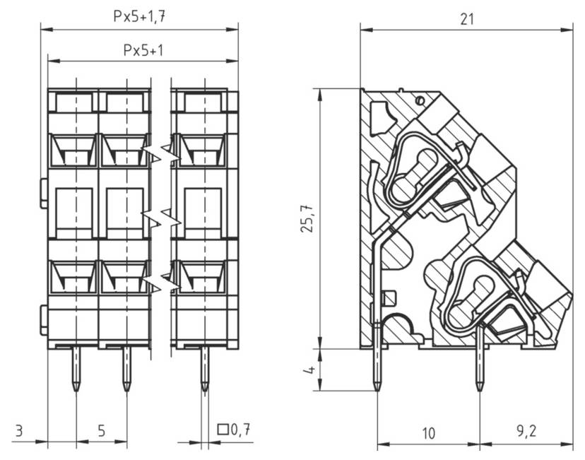 Technische Zeichnung einer zweistufigen Klemmleisten-Steckverbindung. Front- und Seitenansichten enthalten Abmessungen: Breite, Höhe und Stiftabstand.