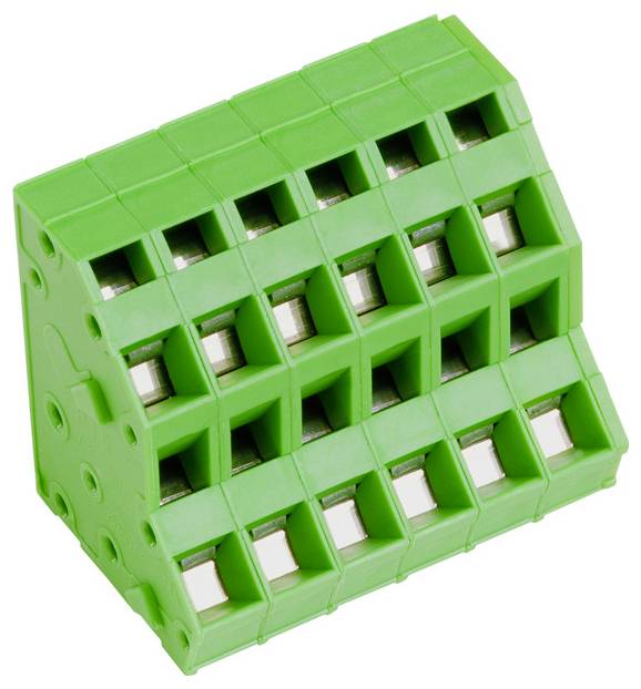 Grüner 12-poliger Klemmenblock mit gestaffelten schraubenlosen Verbindungen, verwendet zur Elektroinstallation zur Sicherung und Organisation mehrerer Kabel.