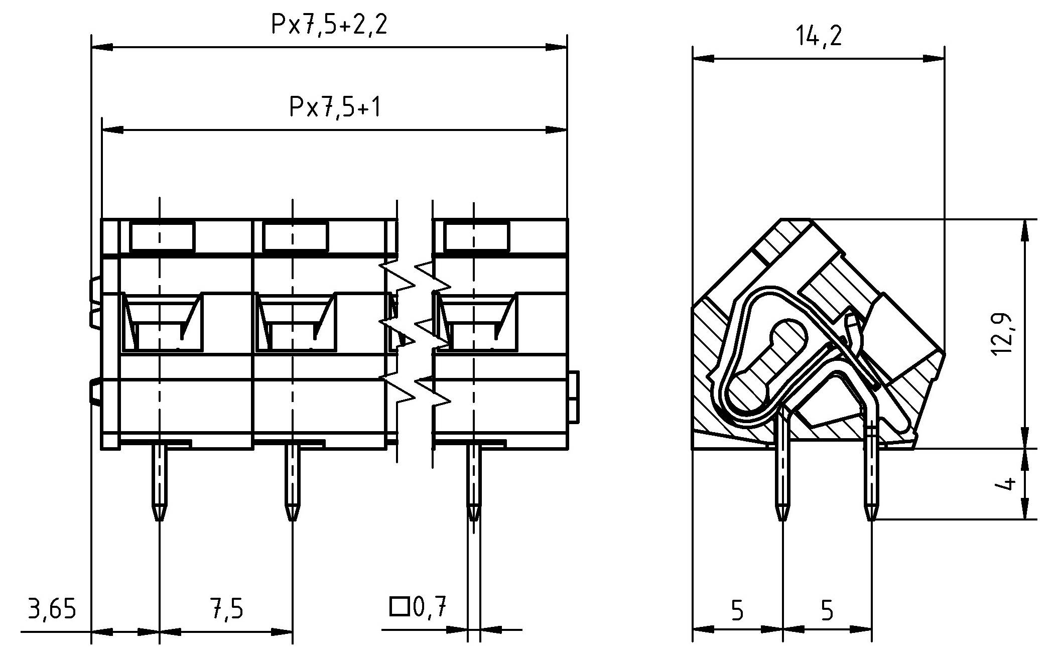 Technisches Diagramm eines elektrischen Steckers. Enthält Messungen: 3,65, 7,5, 2,2, 14,2 und 12,9. Zeigt Doppelstifte und detaillierte Ansicht.