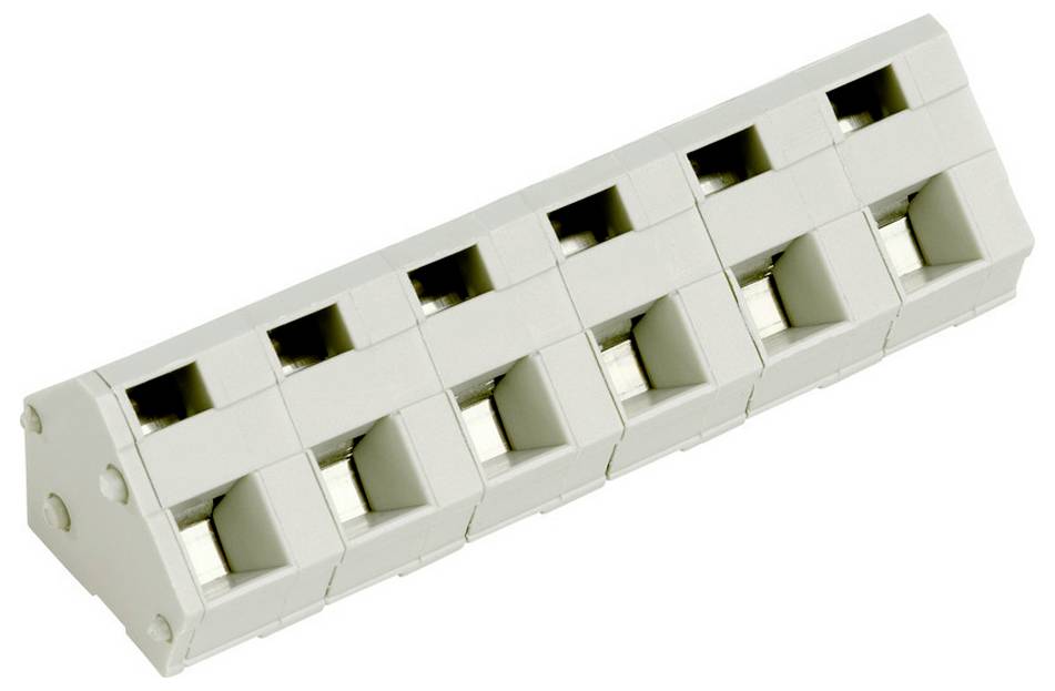 Ein grauer elektrischer Anschlussblock mit 12 Schraubklemmen in zwei Reihen für Verdrahtungsverbindungen.