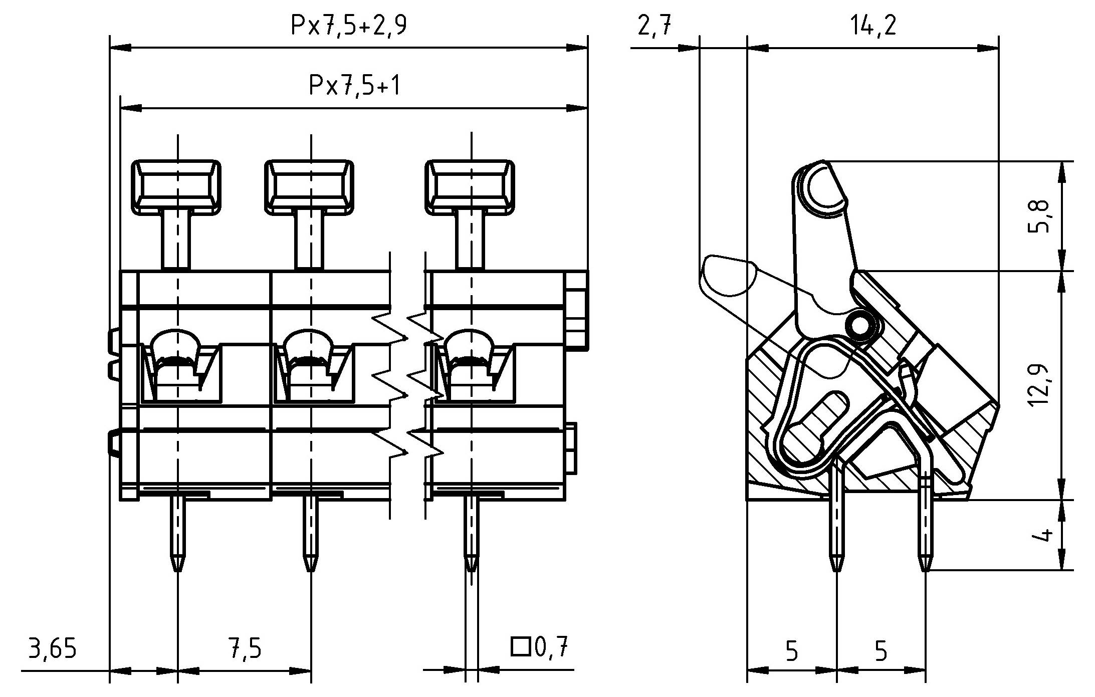 Technisches Schaltplan eines 3-Positionen-Schalters mit detaillierten Abmessungen. Die Dimensionen umfassen Höhe, Breite und Tiefe in Millimetern.