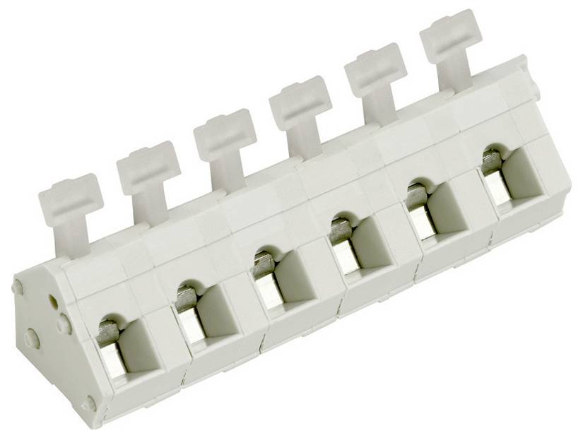 Weißer Klemmenblock mit sechs Anschlüssen, jeweils mit einem Hebel zur Drahtfixierung. Diagonal vor einem einfachen Hintergrund positioniert.