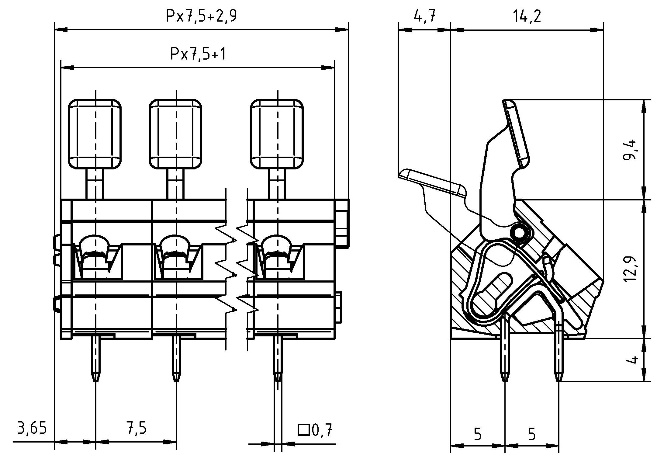 Technisches Diagramm einer mechanischen Baugruppe mit beschrifteten Abmessungen, das detaillierte Messungen und Struktur der Komponenten zeigt.