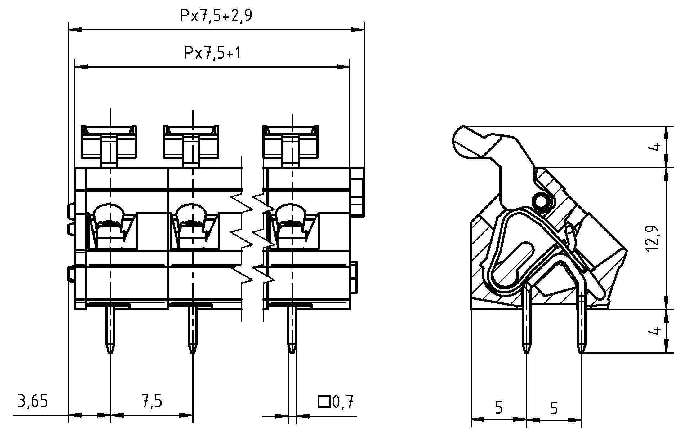 Technische Zeichnung einer elektronischen Komponente mit beschrifteten Abmessungen: Px7.5±2.9 und 12.9 x 4 mm. Enthält Vorder- und Seitenansichten.
