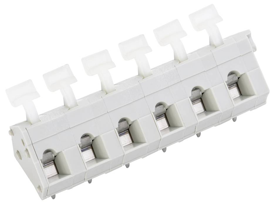 Ein weißer Kunststoff-Elektroklemmenblock mit mehreren Schraubverbindungen, der zum Befestigen und Organisieren von elektrischen Drähten verwendet wird.