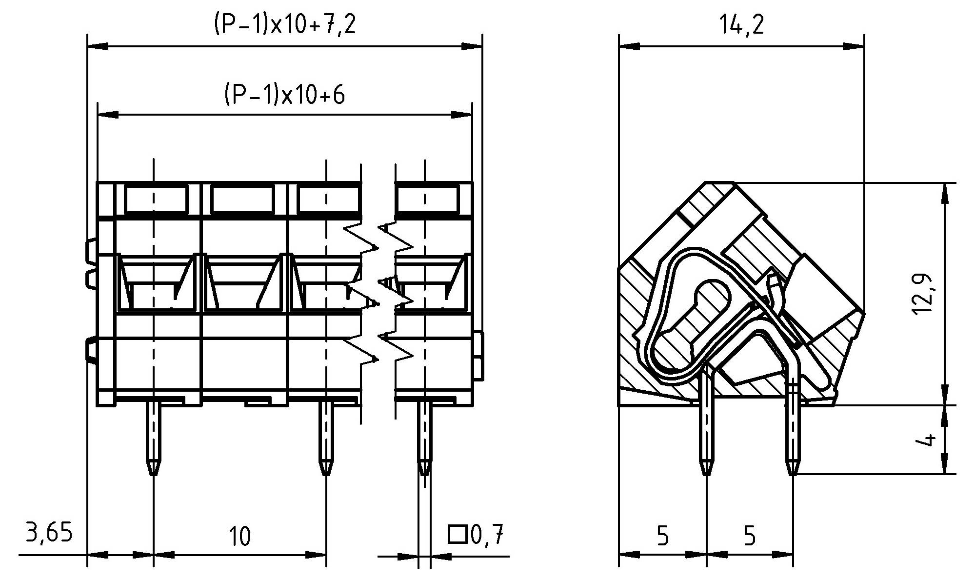 Technische Zeichnung einer elektronischen Komponente mit detaillierten Abmessungen in Millimetern, einschließlich Breite, Höhe und Pinabstand.
