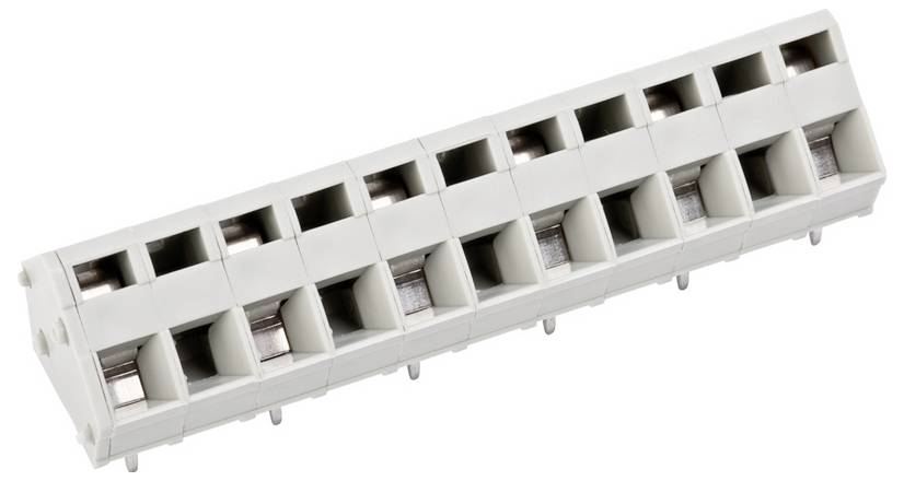 Ein weißer elektrischer Anschlussblock mit mehreren Steckplätzen für Drahtverbindungen, der zur Sicherung und Organisation elektrischer Schaltkreise verwendet wird.