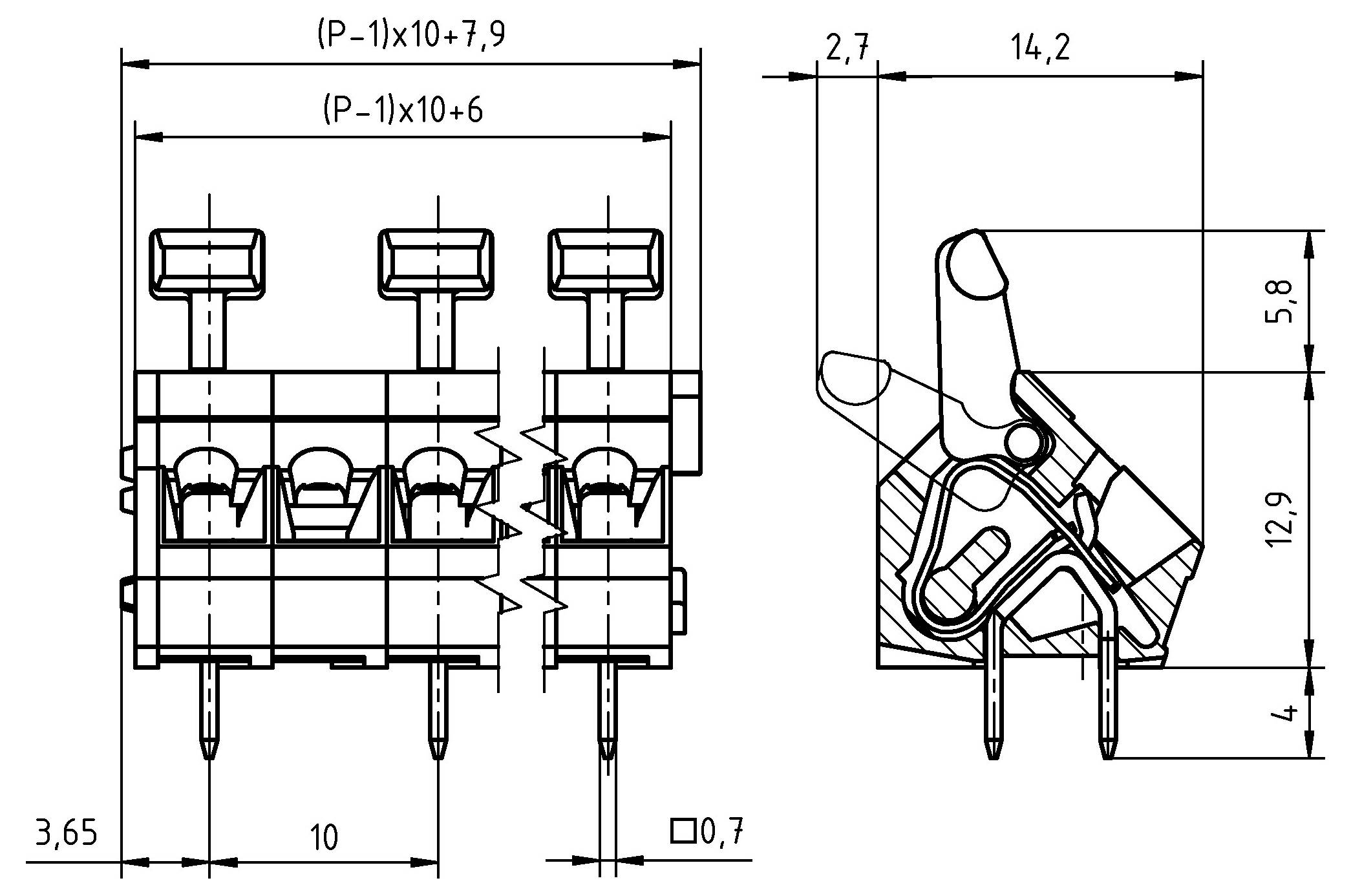 Technische Zeichnung eines dreipoligen elektrischen Steckers mit Maßangaben. Front- und Seitenansichten zeigen genaue Messungen in Millimetern.