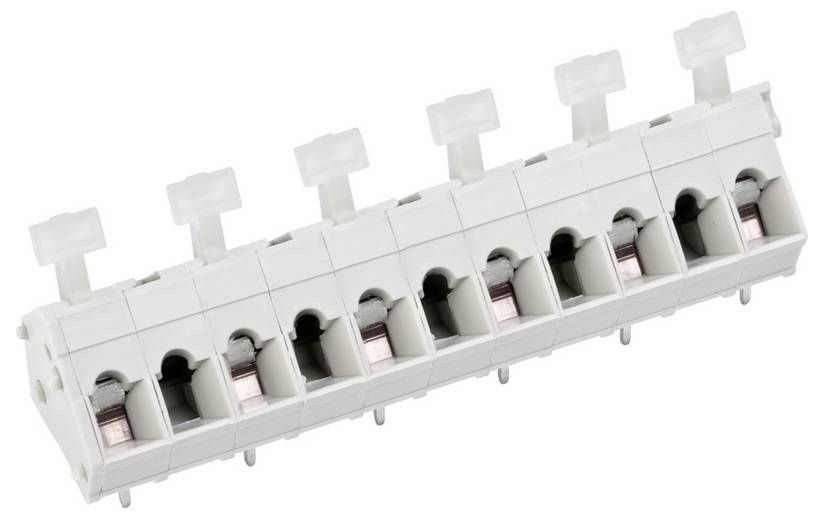 Ein weißer elektrischer Verbindungsstreifen mit acht Metallklemmen, verwendet für Drahtverbindungen in elektrischen Schaltkreisen.