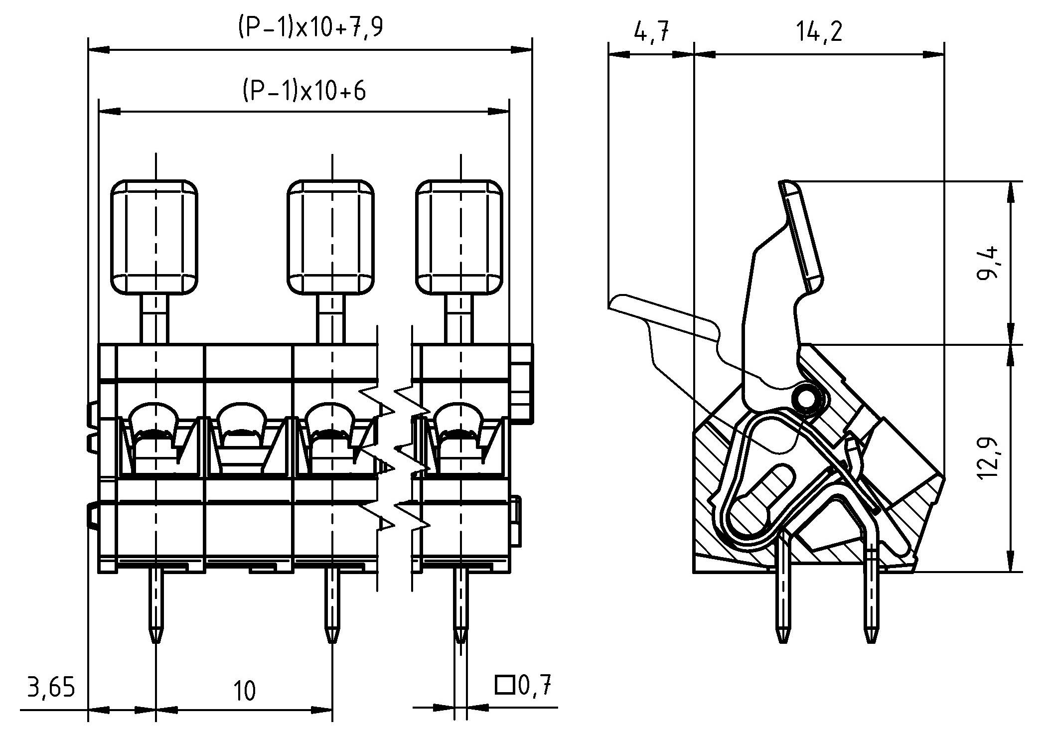 Technisches Diagramm mit Abmessungen einer dreipoligen elektrischen Komponente mit detaillierten Spezifikationen, einschließlich Messungen in Millimetern.