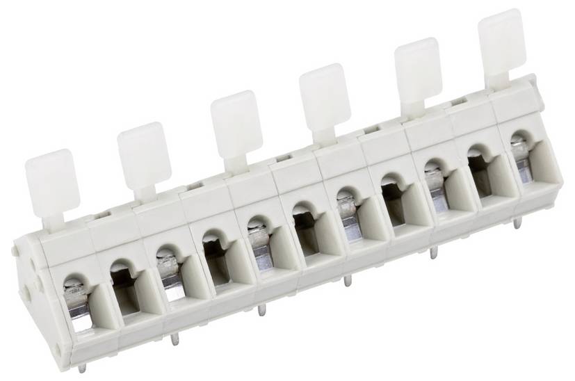 Ein weißer Anschlussblock mit sieben Anschlüssen, jeder mit einer weißen Lasche, verwendet für elektrische Verbindungen.