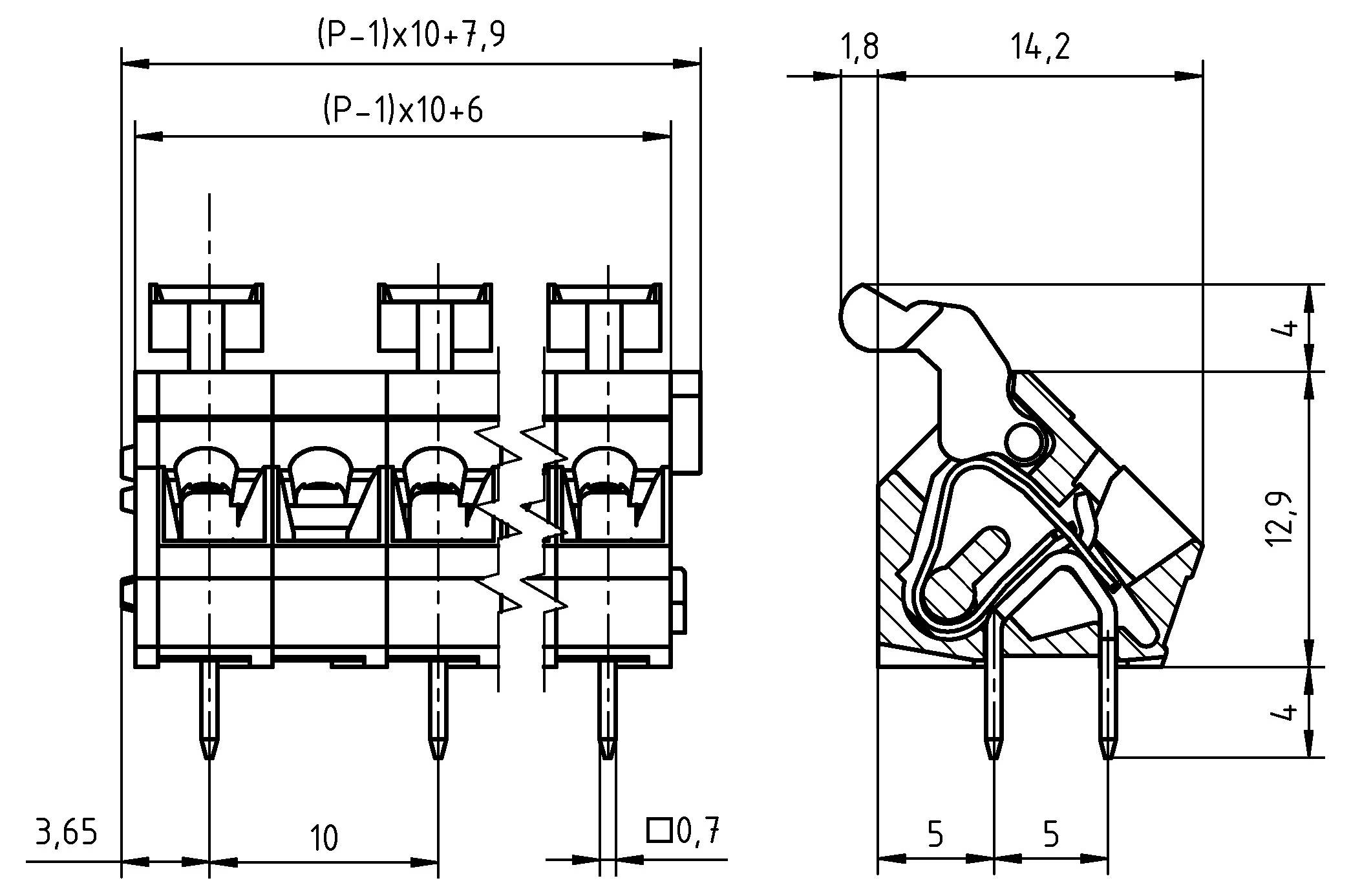 Technische Zeichnung eines Elektrosteckers mit detaillierten Abmessungen in Millimetern, zeigt Front- und Seitenansichten mit beschrifteten Abmessungen.
