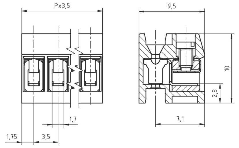 Technische Zeichnung eines Steckers mit Abmessungen: Breite 9,5 mm, Höhe 10 mm und Tiefe 7,1 mm. Zeigt interne und externe Details.