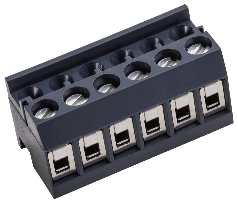 Ein Steckerterminalblock mit sechs Positionen und Schraubklemmen, wird häufig in elektrischen Anwendungen zur Drahtverbindung verwendet.