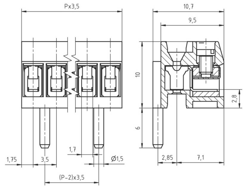 Technische Zeichnung eines elektronischen Steckers mit eingetragenen Abmessungen, die Vorder- und Seitenansichten zeigt und die Positionierung und Abstände der Stifte darstellt.