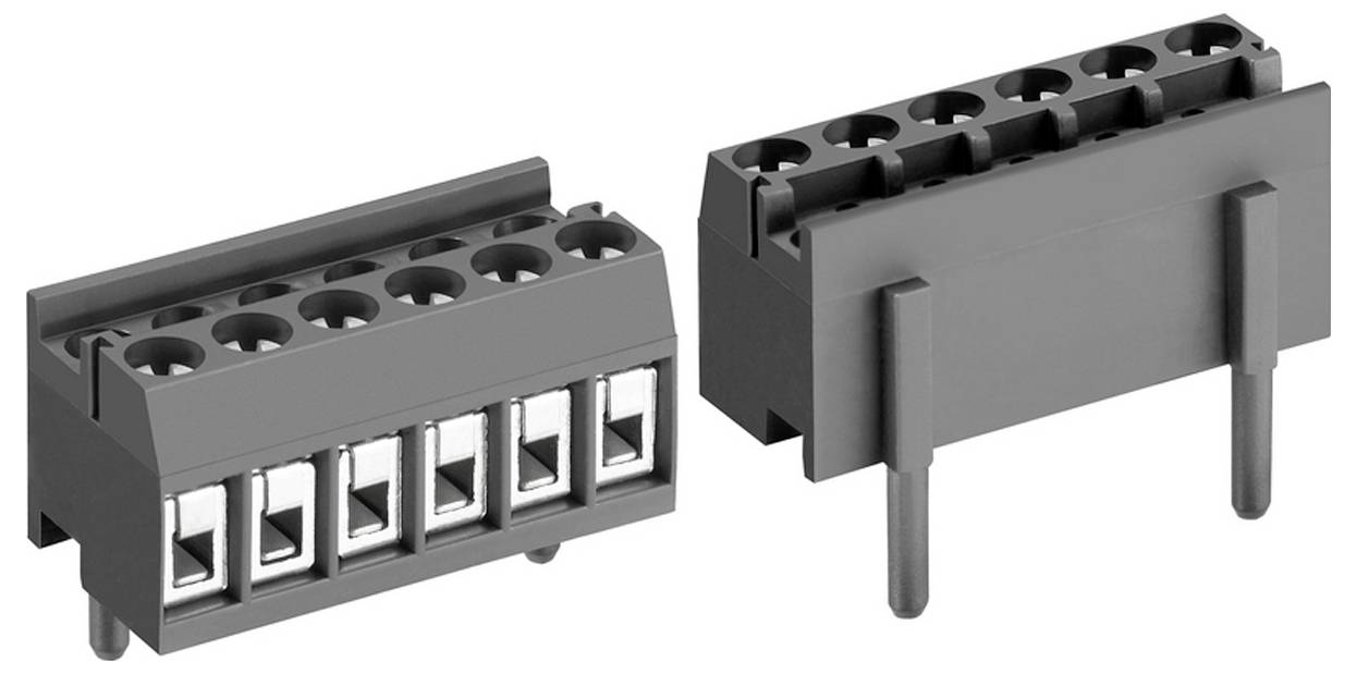 Zwei graue Klemmleistenverbinder, jeder mit mehreren Schlitzen für Drahtverbindungen, von verschiedenen Winkeln dargestellt.