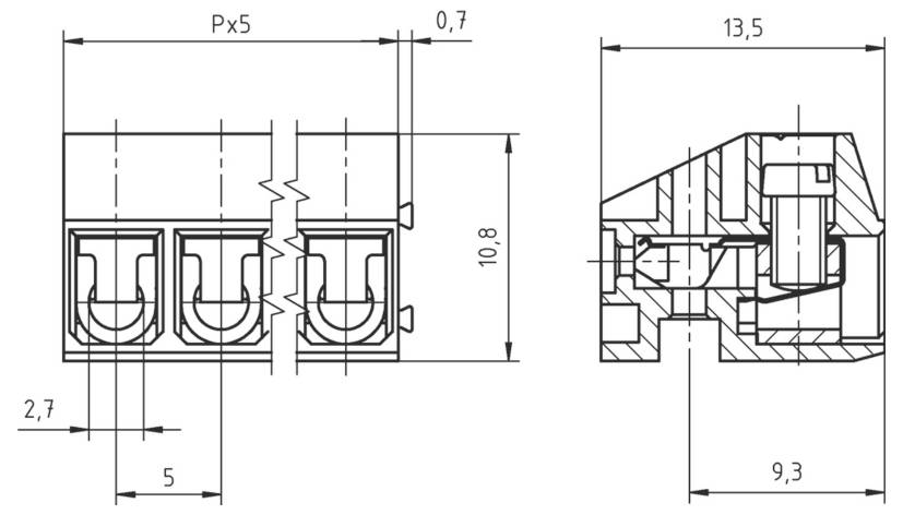 Technische Zeichnung eines Verbindungsblocks mit Abmessungen; Breite 13,5, Höhe 10,8, Tiefe 9,3 cm. Verfügt über drei Anschlüsse, jeweils 5 cm breit.