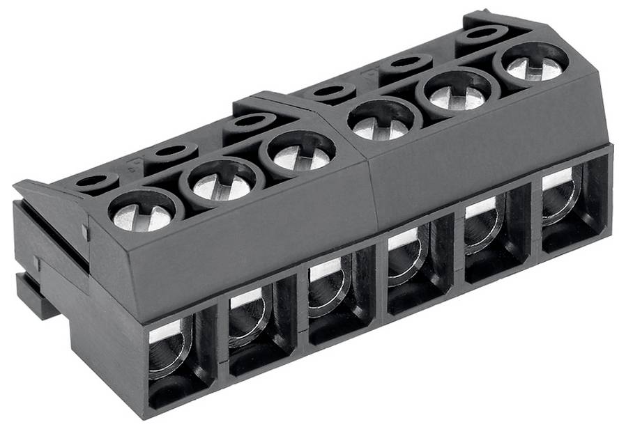 Ein schwarzer elektrischer Klemmblock mit mehreren Schraubanschlüssen zum Befestigen und Organisieren von Kabeln in einem elektrischen Stromkreis.