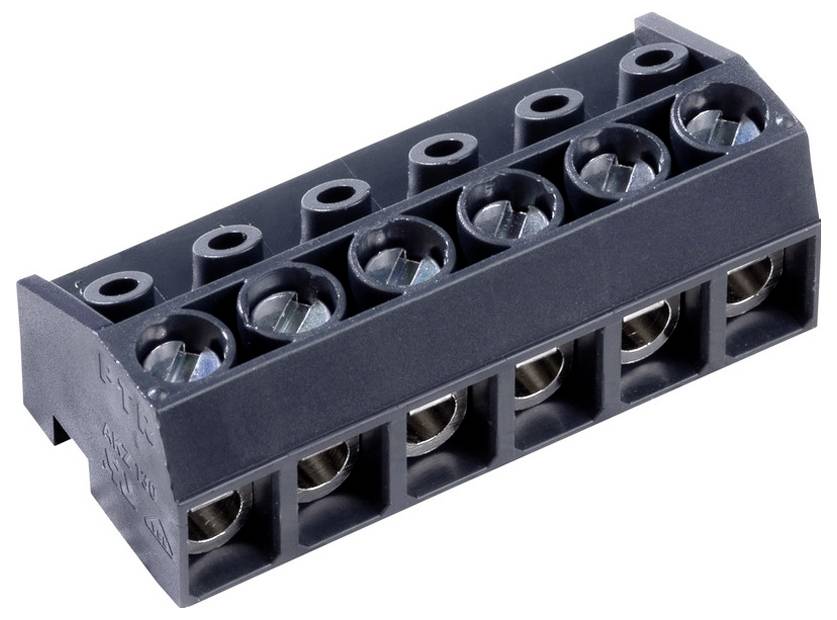 Ein schwarzer Klemmblock mit acht Schraubklemmen, verwendet zum Verbinden von Elektrokabeln.