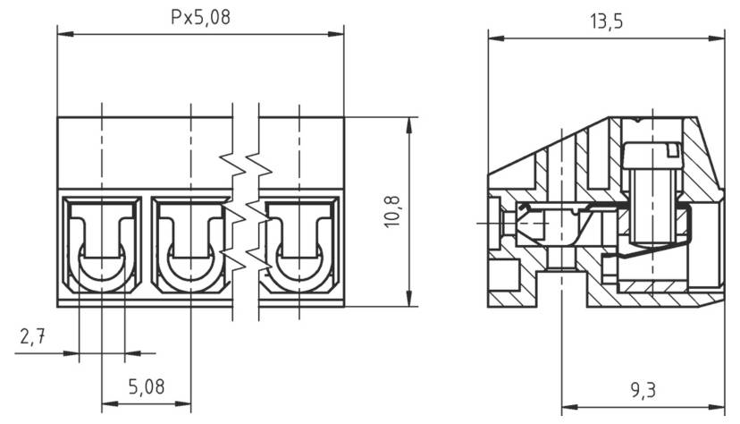 Technische Zeichnung eines Steckers mit Abmessungen: 13,5 mm Länge, 5,08 mm Rastermaß und 10,8 mm Höhe. Detaillierte Seiten- und Draufsichten.
