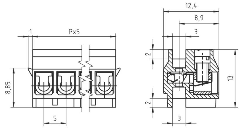 Technische Zeichnung eines Steckers mit zwei Ansichten und Maßen. Die Vorderansicht zeigt 'Px5', ein vertikales Maß von 8,85 und weitere Maße. Die Seitenansicht zeigt verschiedene innere Abschnitte mit Maßen, die konstruktive Details hervorheben.
