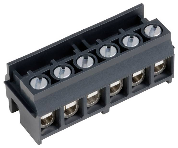 Ein schwarzes Mehrfach-Elektroklemmenblock mit Schraubklemmen zum Anschluss von Drähten.