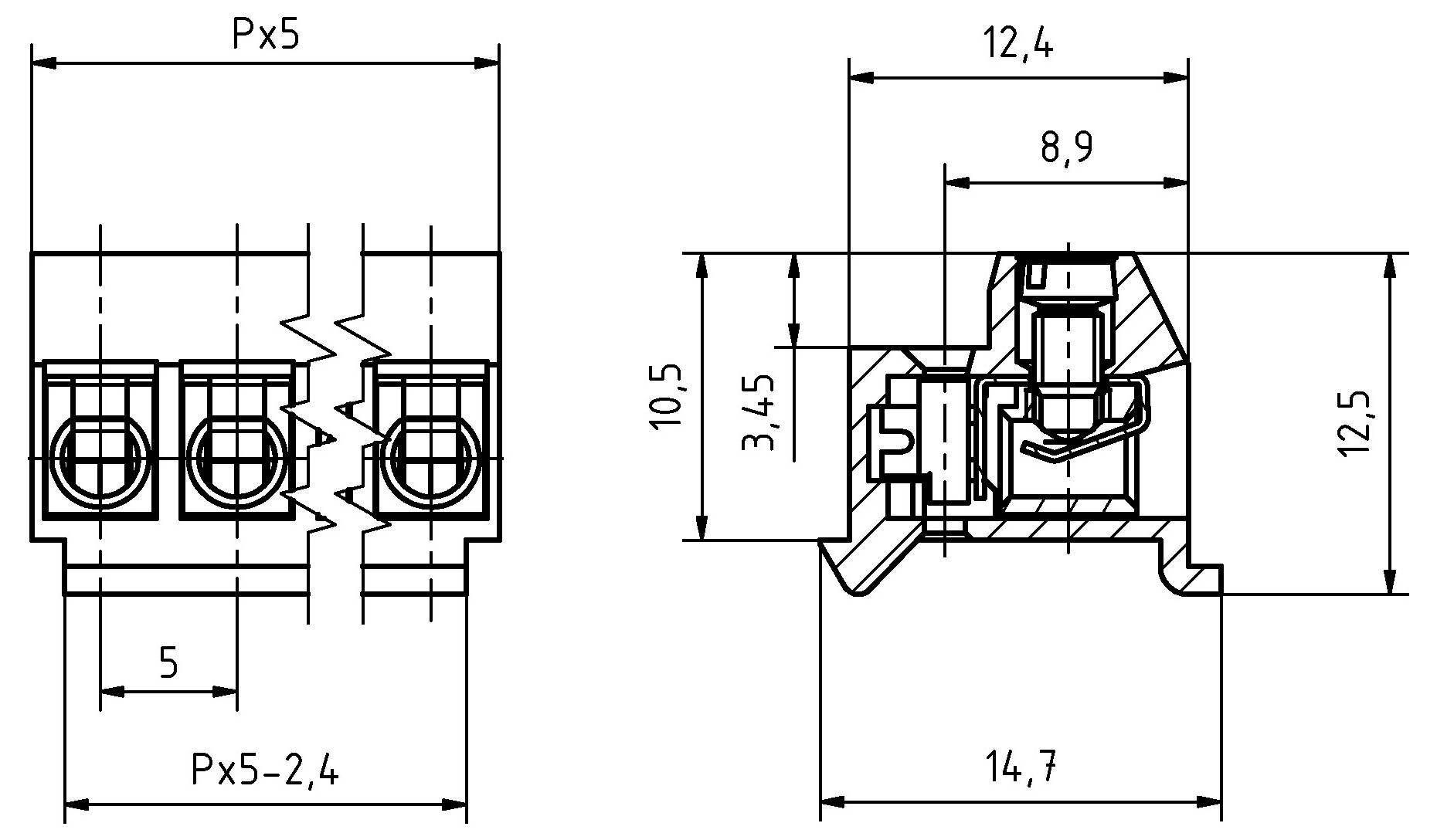 Technische Zeichnung mit Abmessungen eines elektrischen Steckers: Breite 12,4 mm, Höhe 10,5 mm und Tiefe 12,5 mm, mit Abstandsdetails.