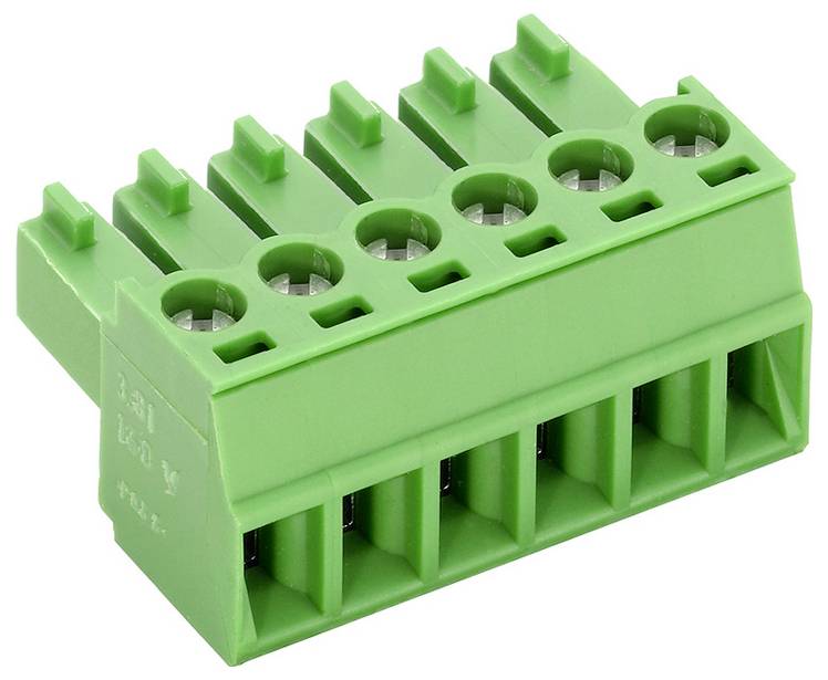 Ein grünes Klemmenblock-Steckverbinder mit fünf Anschlüssen, verwendet zum Verbinden von elektrischen Leitern in elektronischen Geräten und Schaltkreisen.